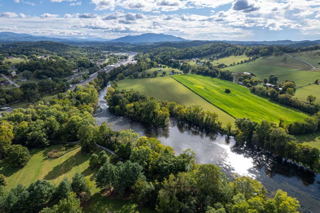 Scenery of hills and a river.